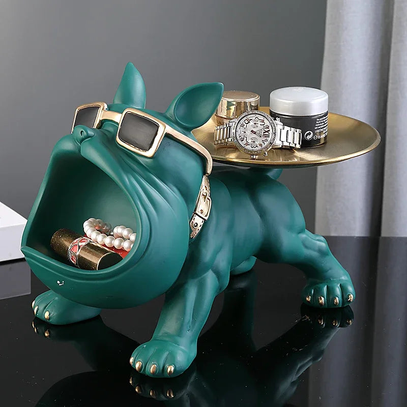 Green Bulldog Sculpture With Tray | Frech bulldog Statue Modern Decor