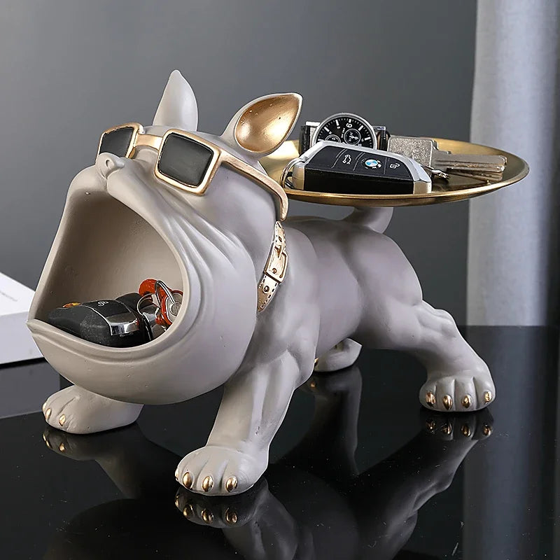 Grey Bulldog Sculpture With Tray | Frech bulldog Statue Modern Decor